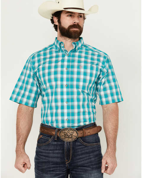 Ariat Men's Jace Plaid Print Short Sleeve Button-Down Performance Western Shirt , Turquoise, hi-res