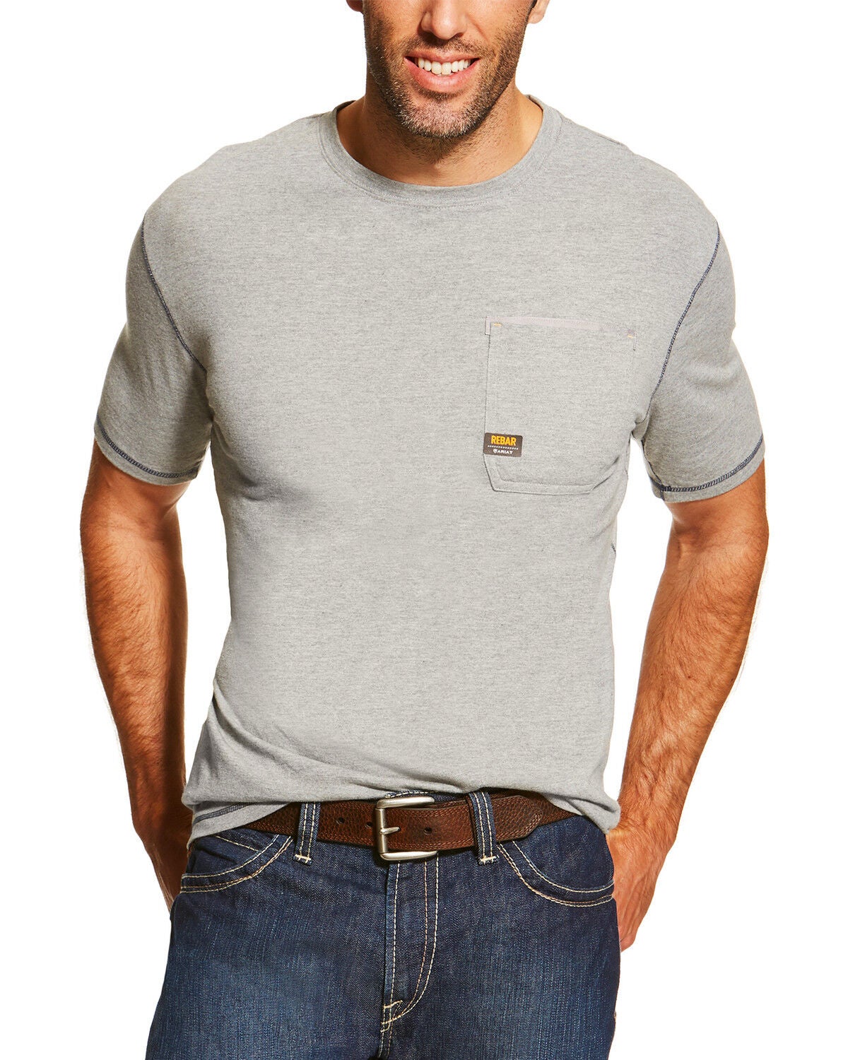 Ariat Men's Rebar Crew Short Sleeve Pocket Tee - Tall, Heather Grey, hi-res