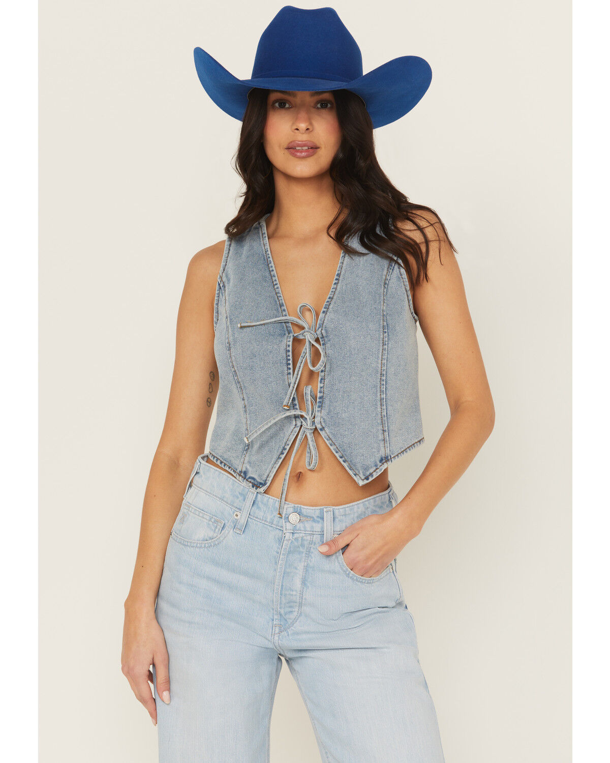 Image #1 - 26 International Women's Light Wash Tie-Front Denim Vest, Medium Wash, hi-res