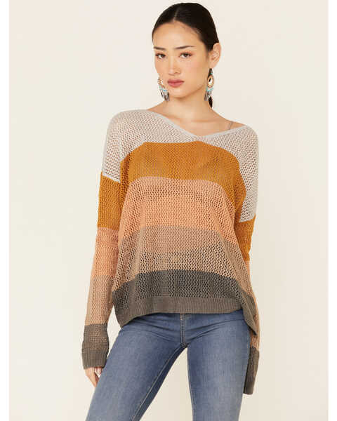 Wishlist Women's Cloud Striped Open Weave Pullover Sweater , Tan, hi-res