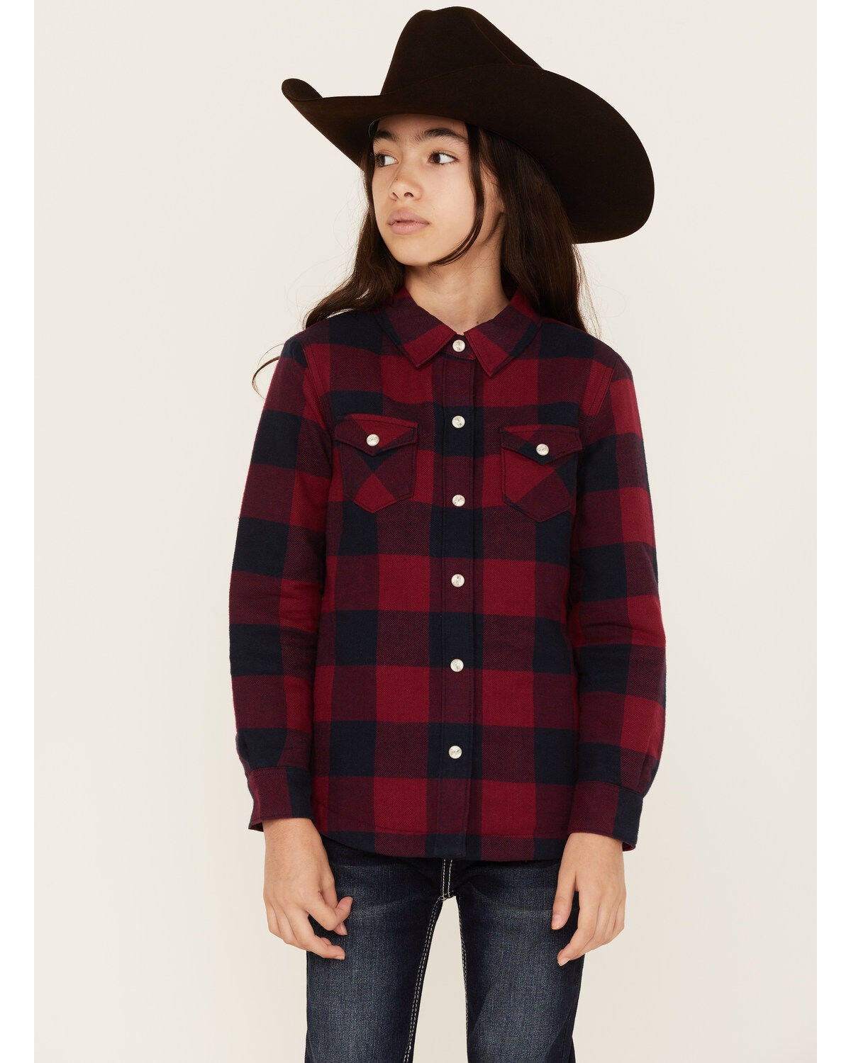 Cruel Girl Girls' Plaid Print Fringe Snap Jacket, Navy, hi-res