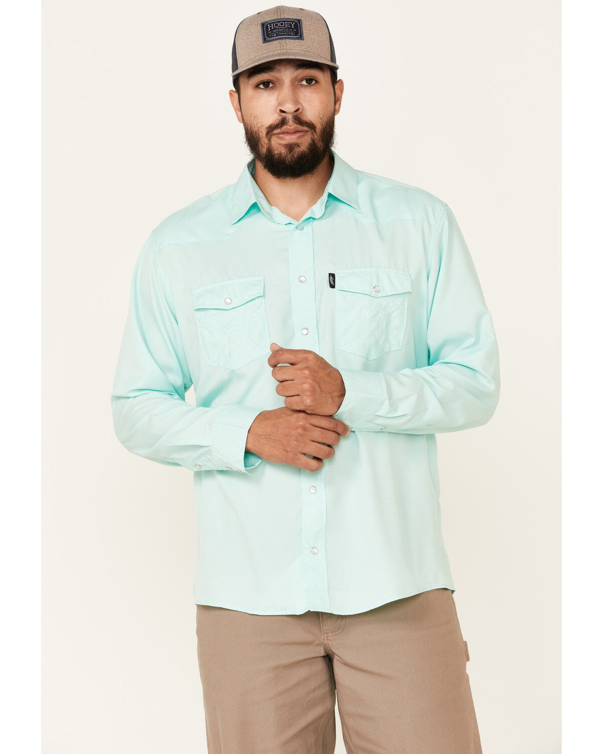 Hooey Men's Solid Habitat Sol Long Sleeve Pearl Snap Western Shirt, Teal, hi-res