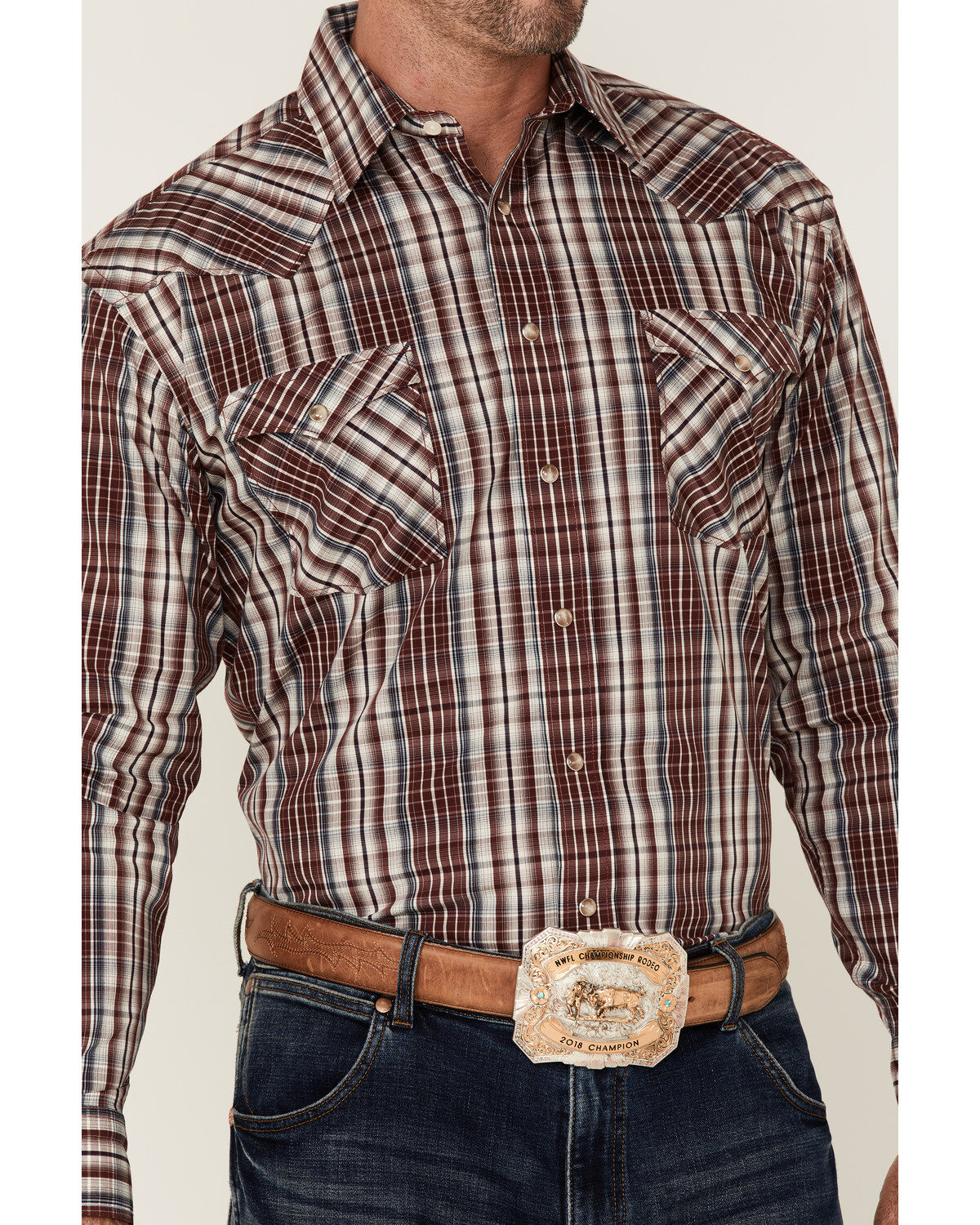 Image #3 - Rough Stock By Panhandle Men's Ombre Plaid Print Long Sleeve Pearl Snap Western Shirt, Maroon, hi-res