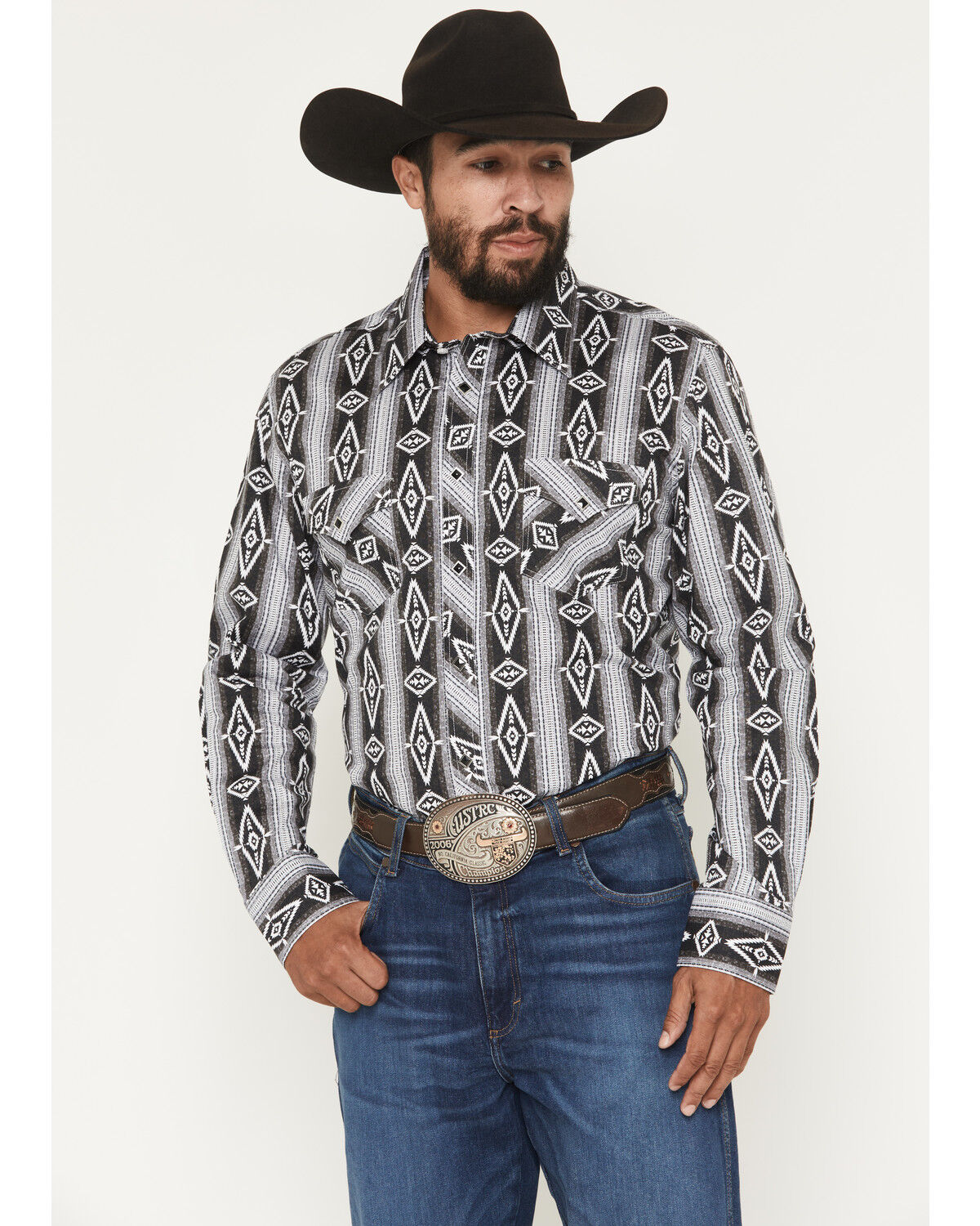 Image #1 - Rock & Roll Denim Men's Southwestern Print Long Snap Stretch Western Shirt, Black, hi-res