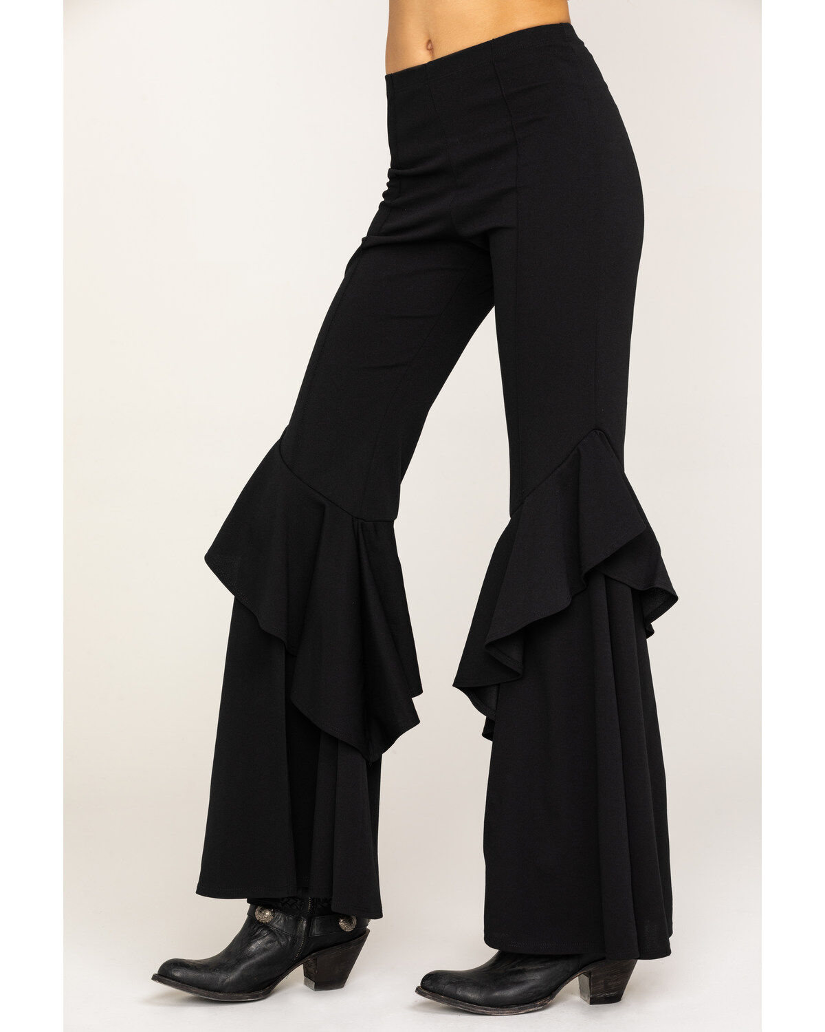 black ruffle flare pants