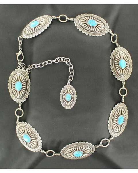 Ariat Women's Oval Turquoise Concho Chain Belt, Silver, hi-res