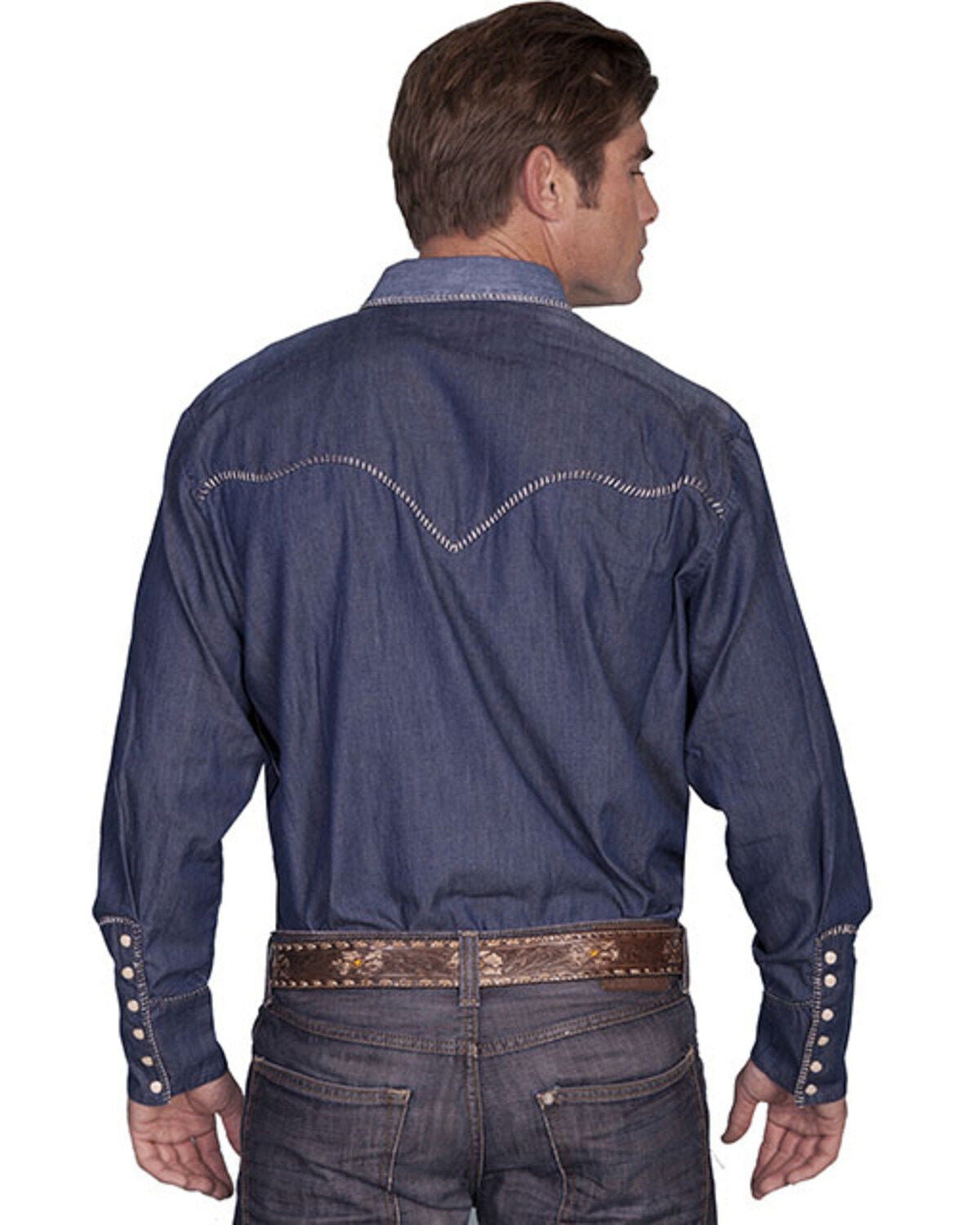 Image #2 - Scully Men's Solid Whipstitch Denim Retro Long Sleeve Western Shirt, , hi-res