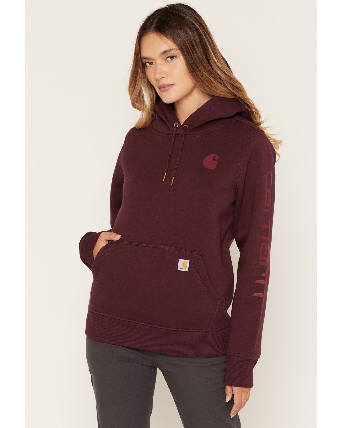 Image #1 - Carhartt Women's Iconic Clarksburg Logo Sweatshirt, Cherry, hi-res