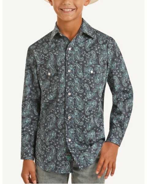 Panhandle Boys' Paisley Print Long Sleeve Snap Western Shirt , Blue, hi-res