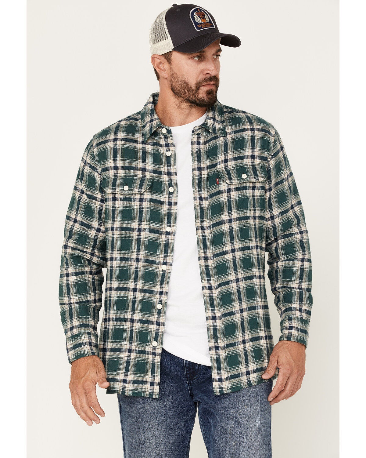 Levi's Men's Classic Worker Plaid Long Sleeve Button-Down Shirt, Dark Green, hi-res
