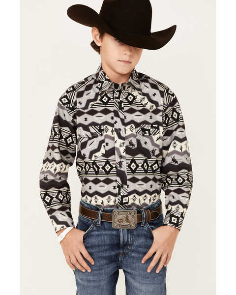 Rock & Roll Denim Boys' Southwestern Stripe Print Long Sleeve Snap Western Shirt, Charcoal, hi-res