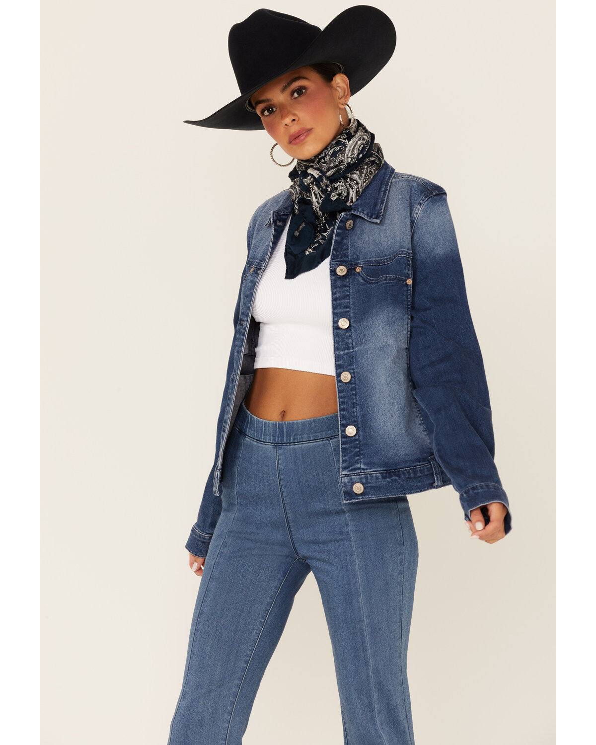 Shyanne Women's Henderson Medium Wash Button Down Denim Jacket, Medium Blue, hi-res