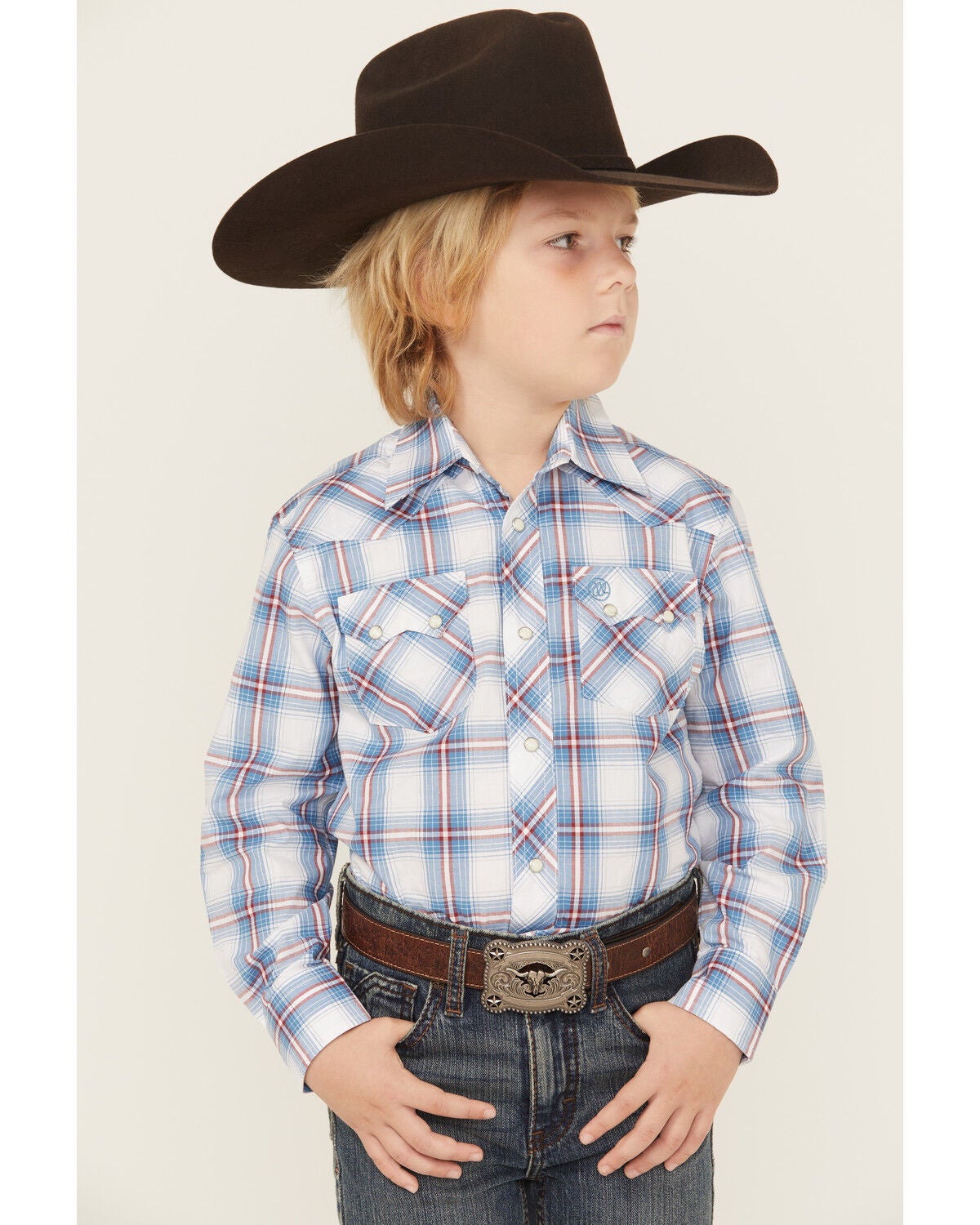 Wrangler Retro Boys' Plaid Print Long Sleeve Snap Western Shirt, Blue, hi-res