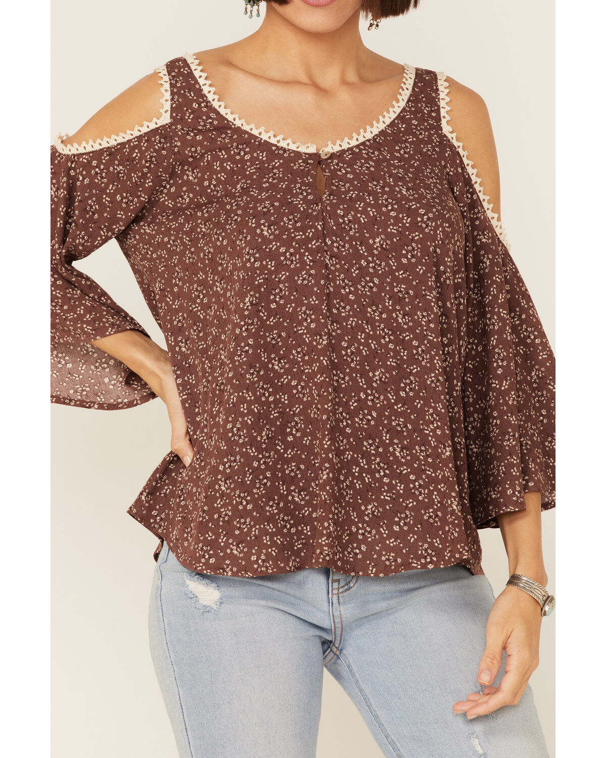 Image #2 - Wild Moss Women's Mauve Ditsy Floral Cold Shoulder Woven Top, , hi-res