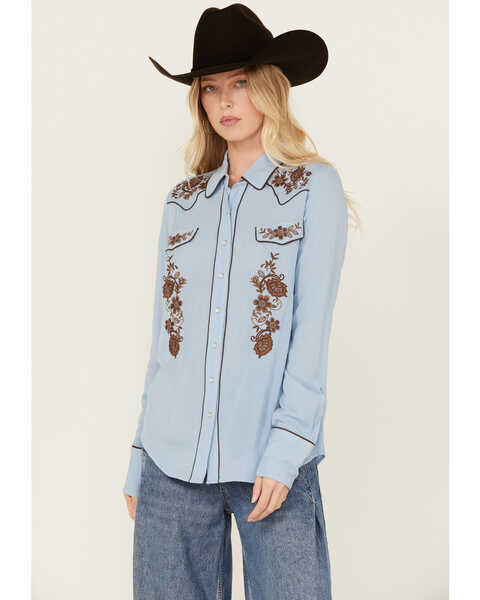 Stetson Women's Embroidered Long Sleeve Pearl Snap Western Blouse , Blue, hi-res