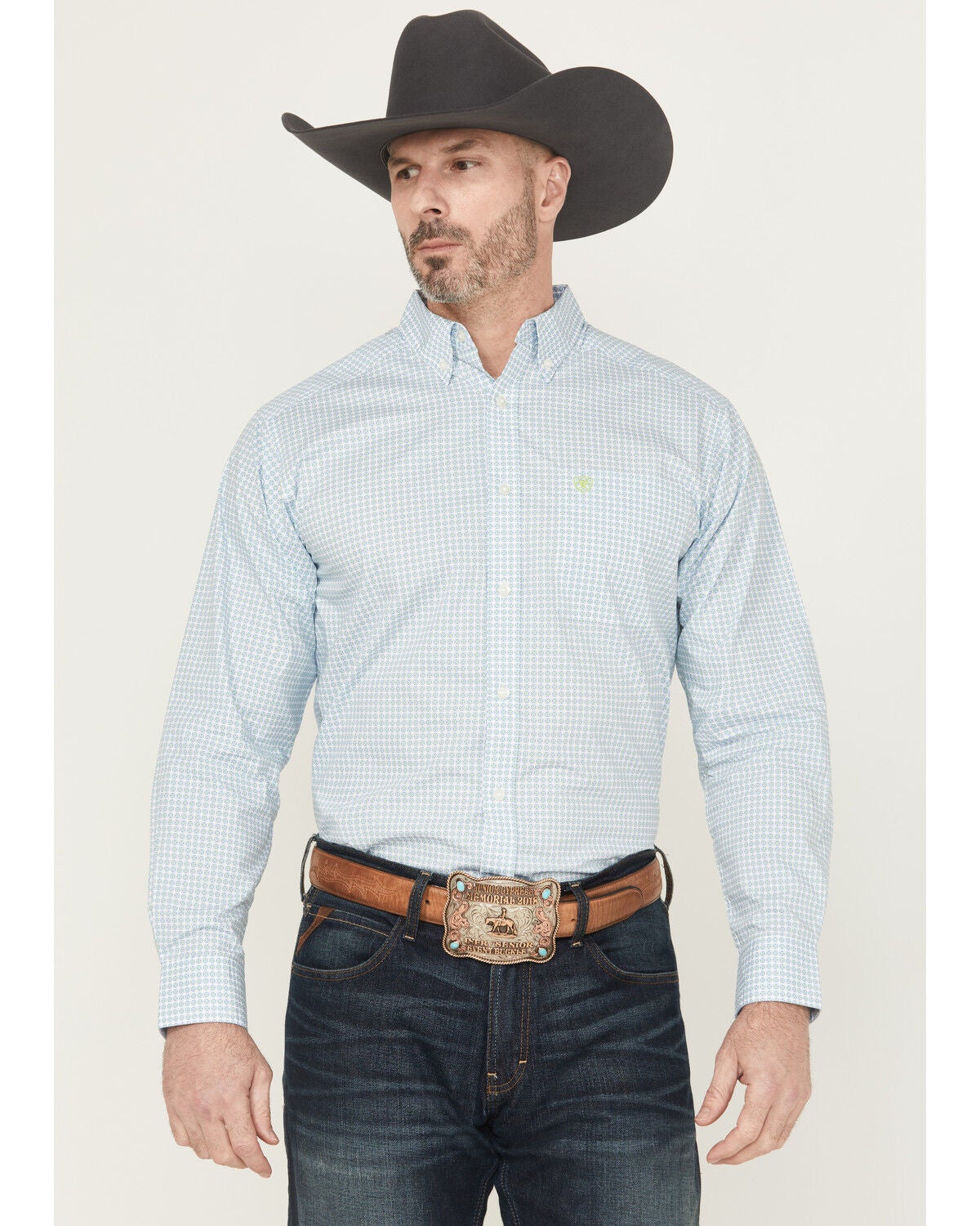 Ariat Men's Cillian Geo Print Long Sleeve Button-Down Western Shirt, Light Blue, hi-res