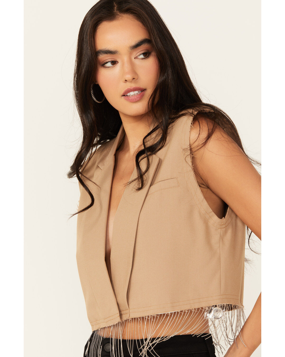 Image #2 - Vocal Women's Cropped Blazer Fringe Vest, Taupe, hi-res