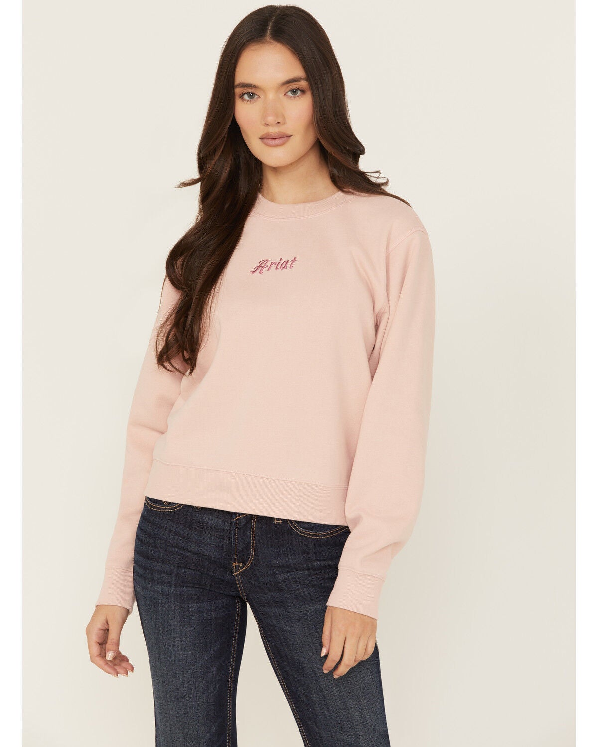 Ariat Women's Boot Barn Exclusive Embroidered Logo Crewneck, Peach, hi-res