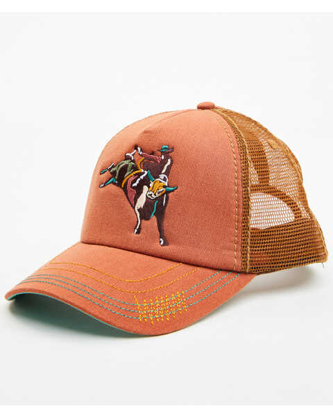 Image #1 - Catchfly Women's Bucking Bull Rider Embroidered Ponytail Ball Cap, Orange, hi-res