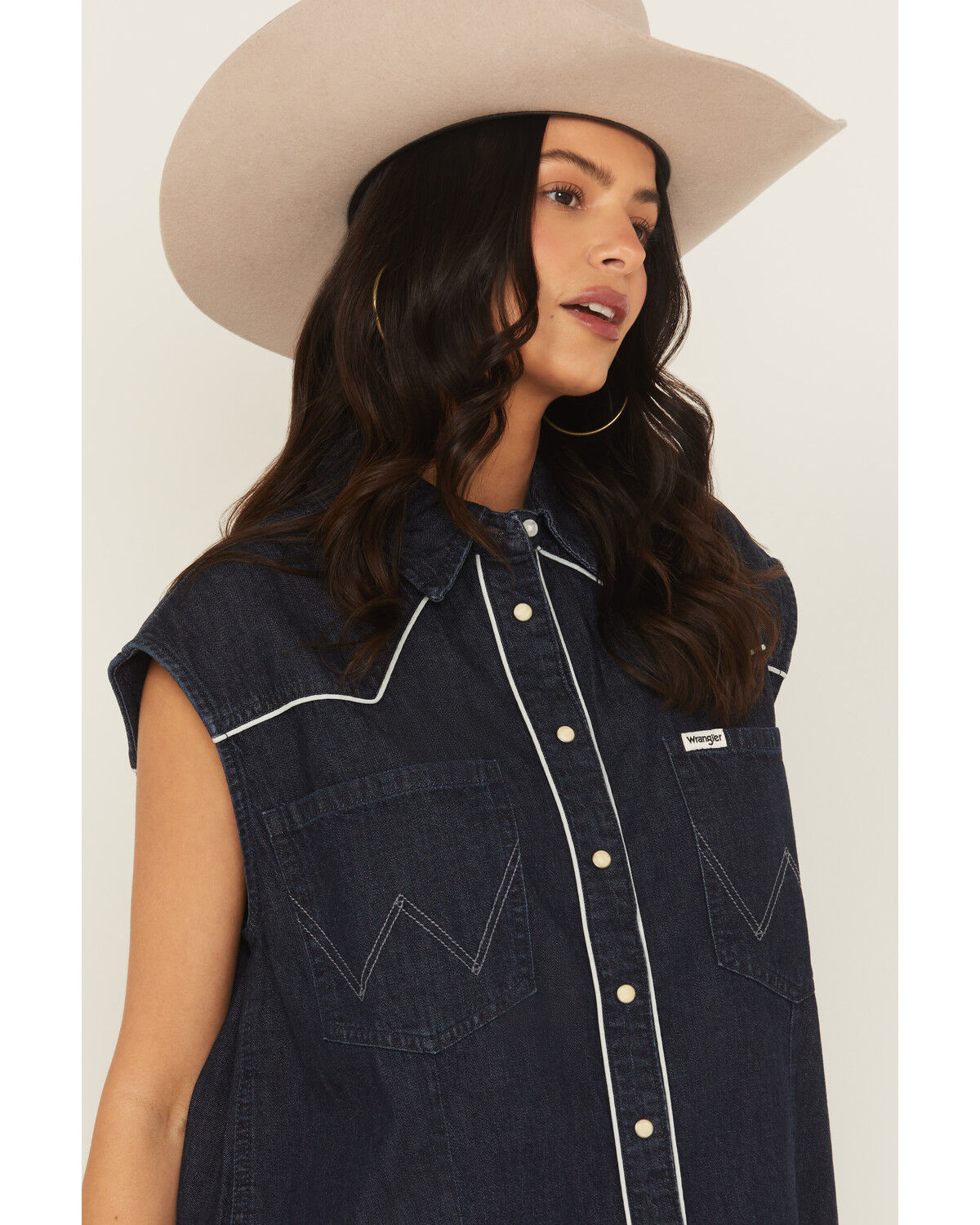 Image #2 - Wrangler Women's Modern Sleeveless Denim Western Shirt, Blue, hi-res
