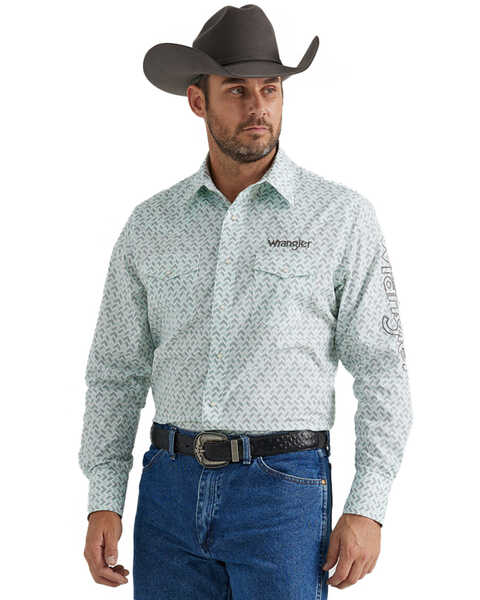 Wrangler Men's Geo Print Logo Long Sleeve Snap Western Shirt  , Grey, hi-res