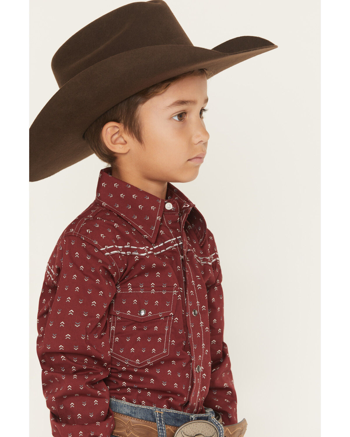 Image #2 - Cowboy Hardware Boys' Geo Print Long Sleeve Pearl Snap Stretch Western Shirt, Burgundy, hi-res