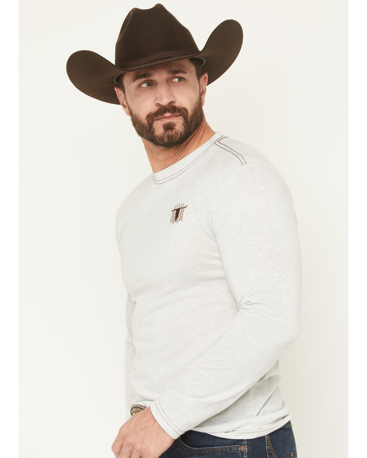 Image #3 - Cowboy Hardware Men's Steerhead Embroidered Long Sleeve Shirt, Oatmeal, hi-res