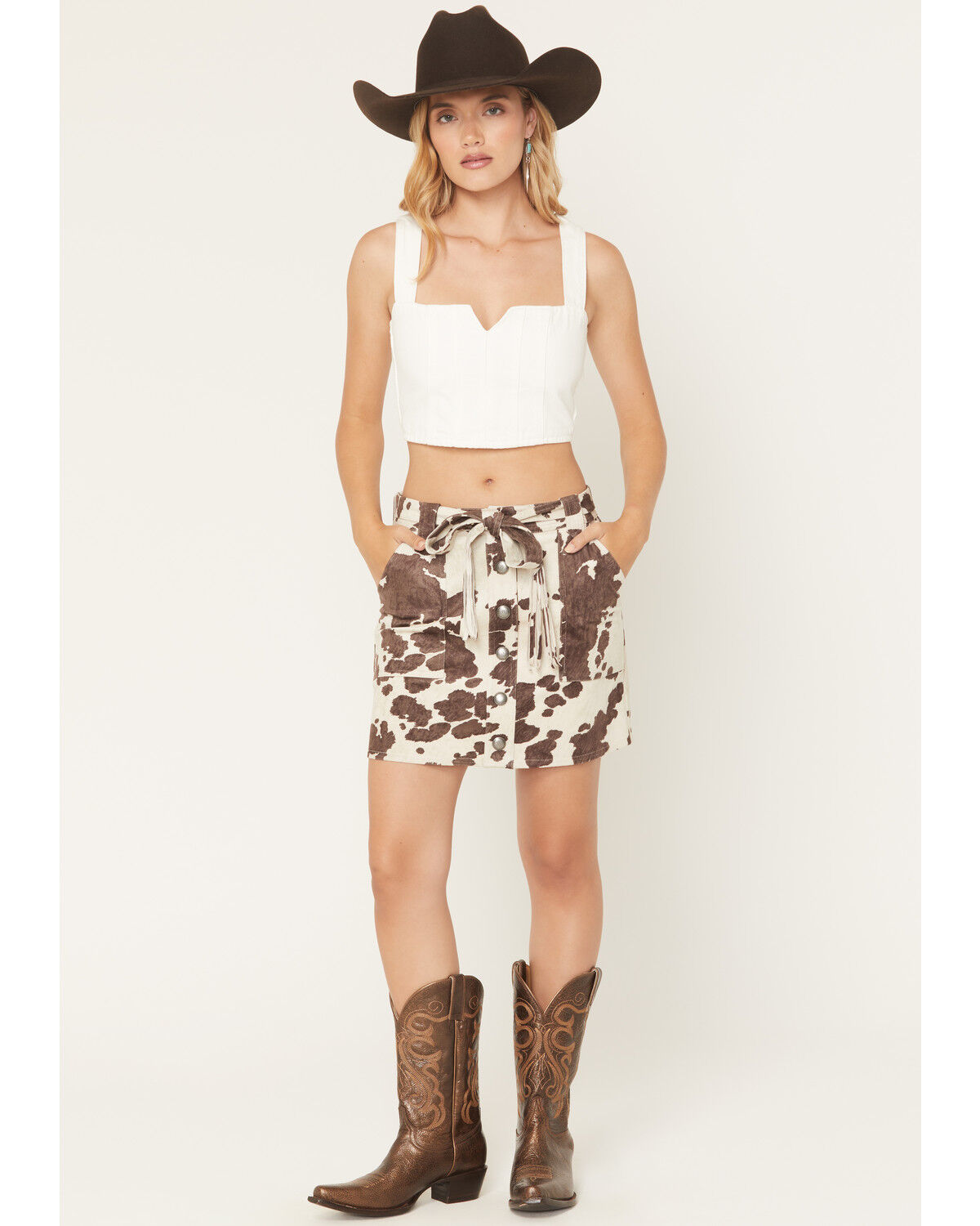 Image #1 - Shyanne Women's Sylvia Cow Print Faux Suede Belted Mini Skirt, Brown, hi-res