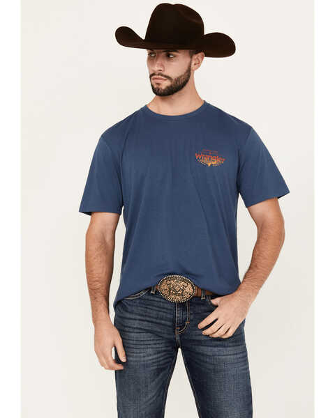 Wrangler Men's Boot Barn Exclusive Ombre Logo Short Sleeve Graphic T-Shirt , Indigo, hi-res