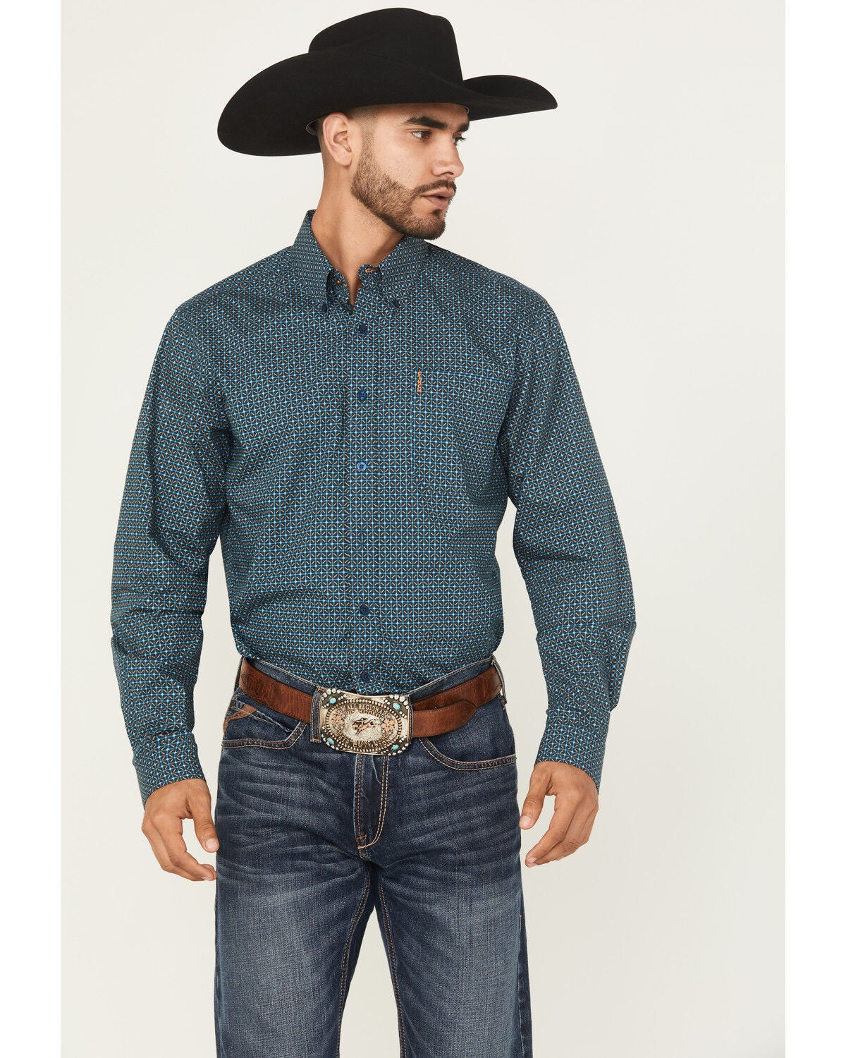Cinch Men's Printed Modern Fit Long Sleeve Button-Down Western Shirt, Blue, hi-res