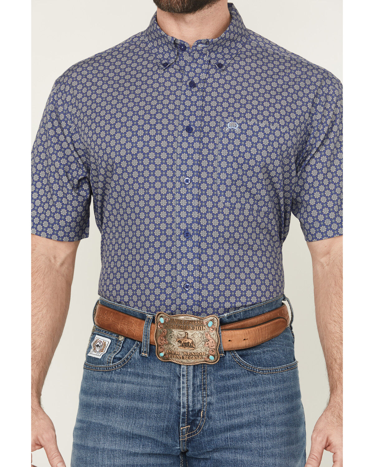Image #3 - Cinch Men's Floral Geo Print Short Sleeve Button-Down Performance Stretch Western Shirt, Blue, hi-res