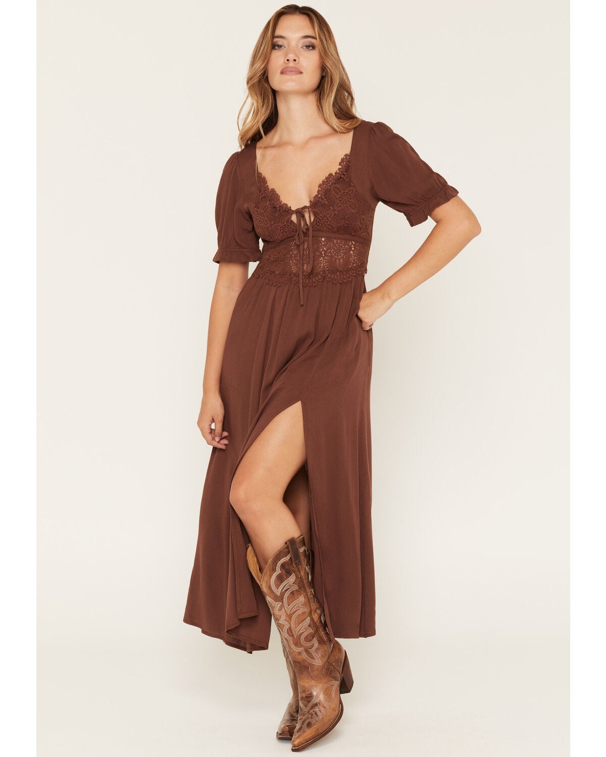 Rosabelle Honey Women's Crochet Front Midi Dress, Brown, hi-res