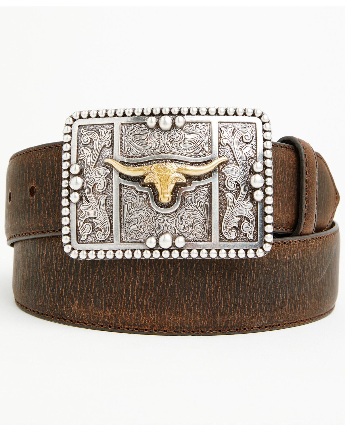 Cody James Men's Filigree Longhorn Leather Belt, Brown, hi-res