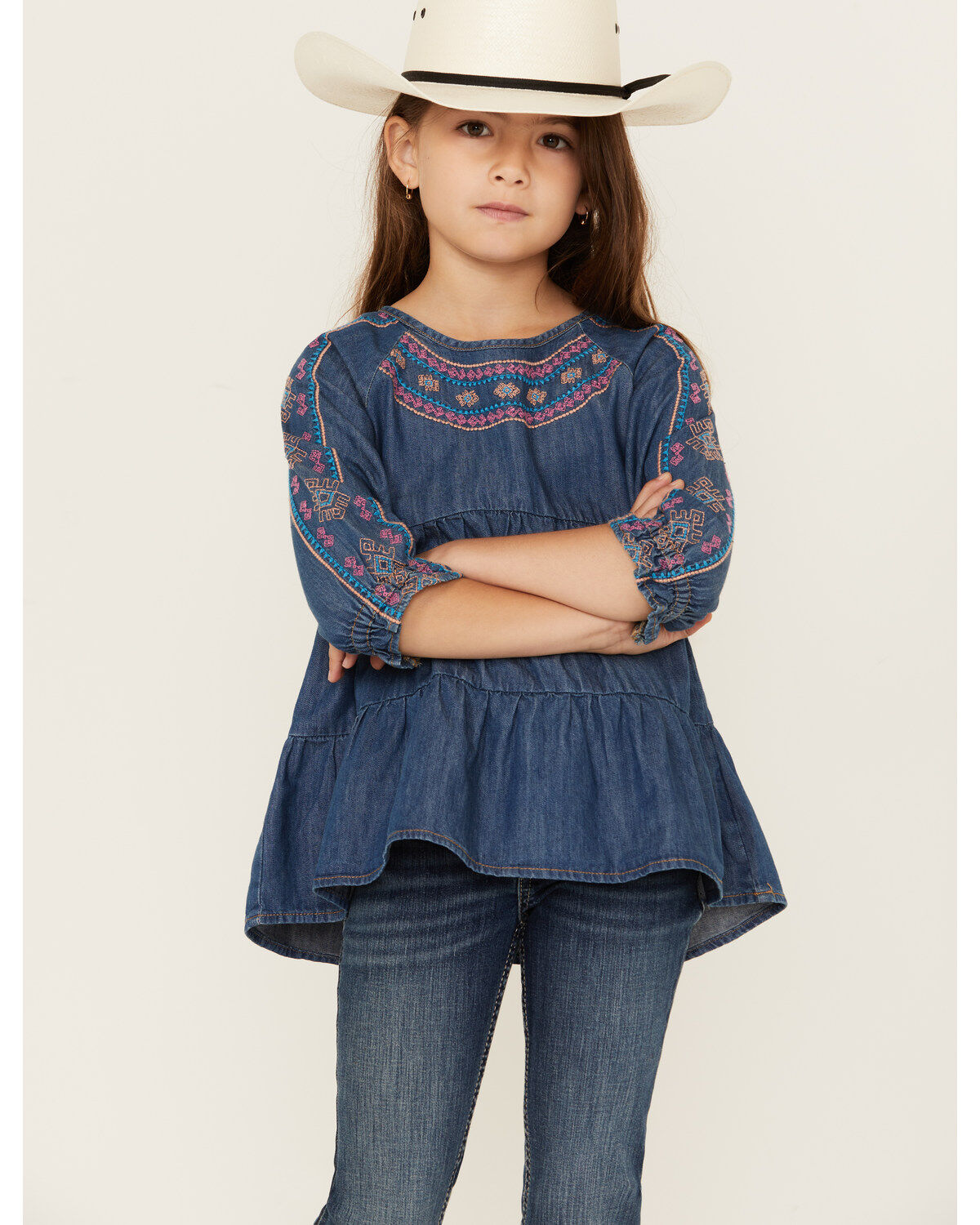 Image #1 - Wrangler Girls' Dark Wash Denim Embroidered Tunic Shirt, Dark Wash, hi-res