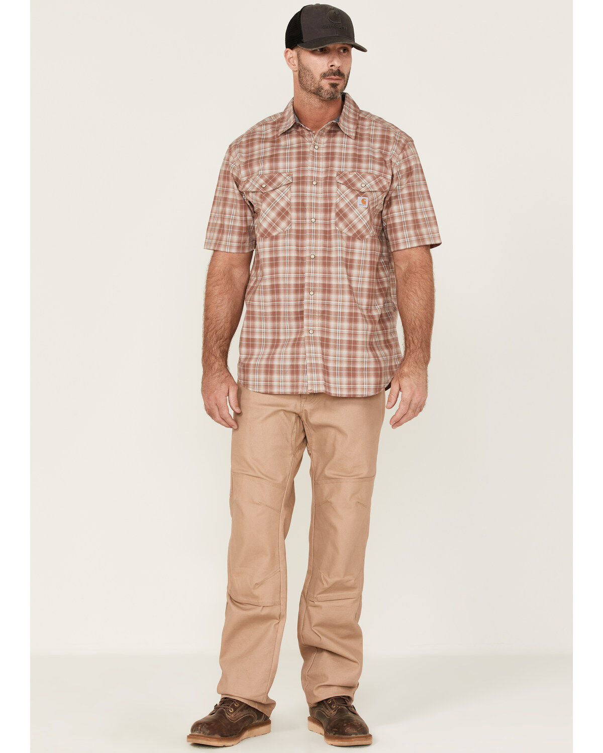 Carhartt Men's Rugged Flex Nutmeg Plaid Relaxed Short Sleeve Snap Western  Shirt