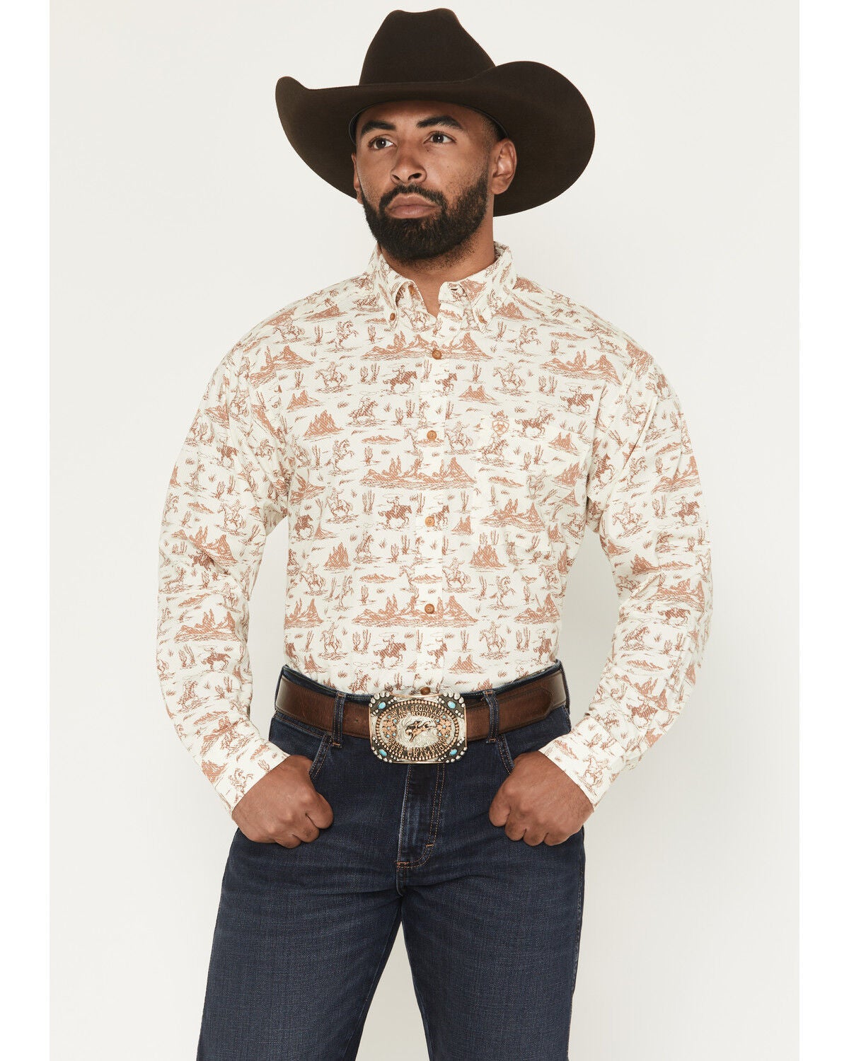 Ariat Men's Saint Conversation Print Long Sleeve Button-Down Western Shirt, Cream, hi-res