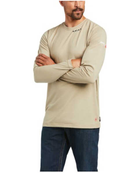 Ariat Men's FR Solid Khaki Base Layer Long Sleeve Work T-Shirt - Tall , Beige/khaki, hi-res