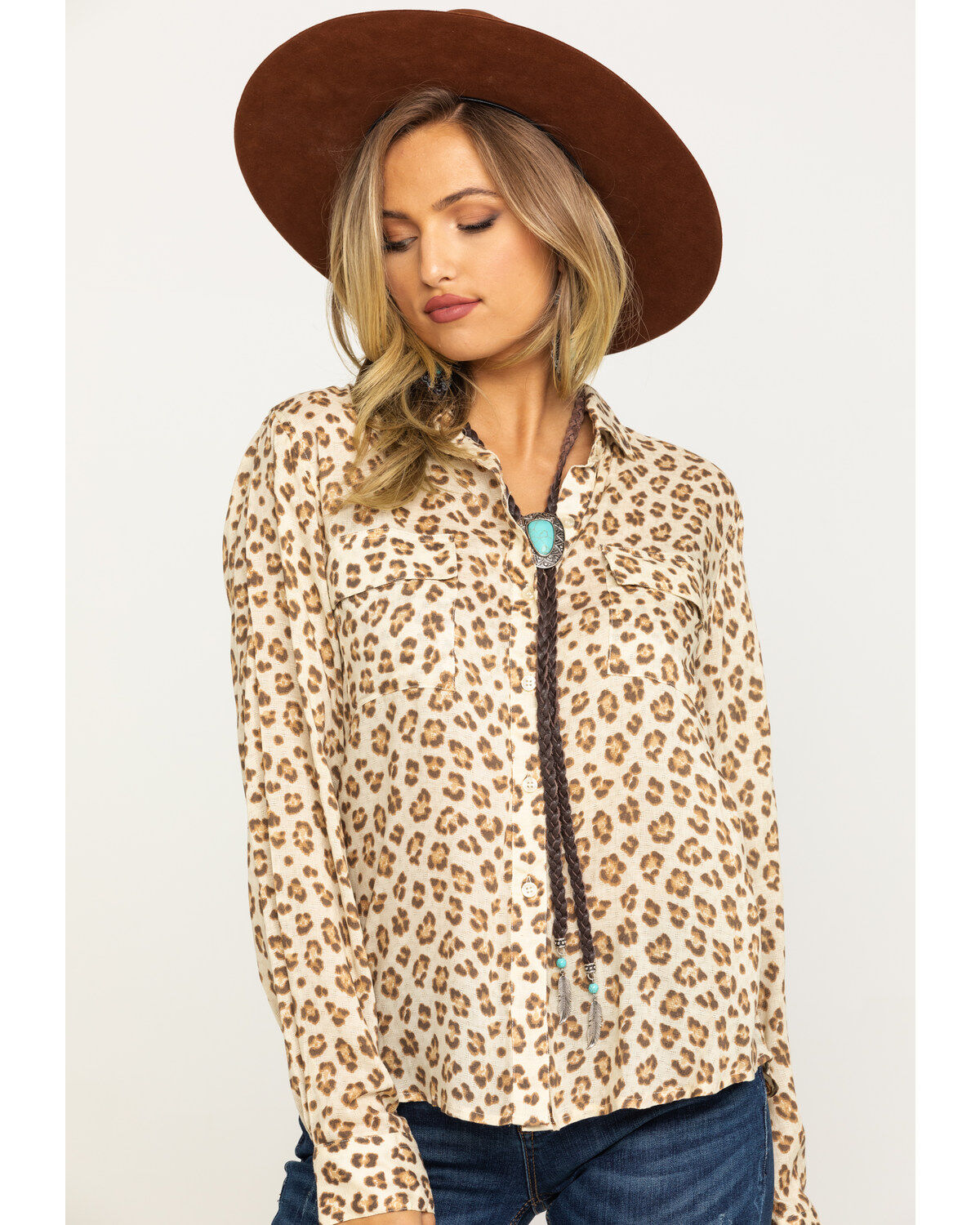 Image #1 - Stetson Women's Brown Leopard Print Button Down Top, , hi-res