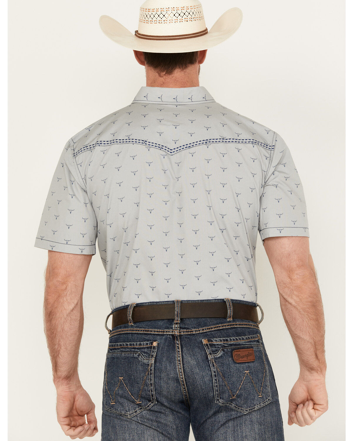 Image #4 - Cowboy Hardware Men's All Over Skull Short Sleeve Western Snap Shirt, Light Grey, hi-res