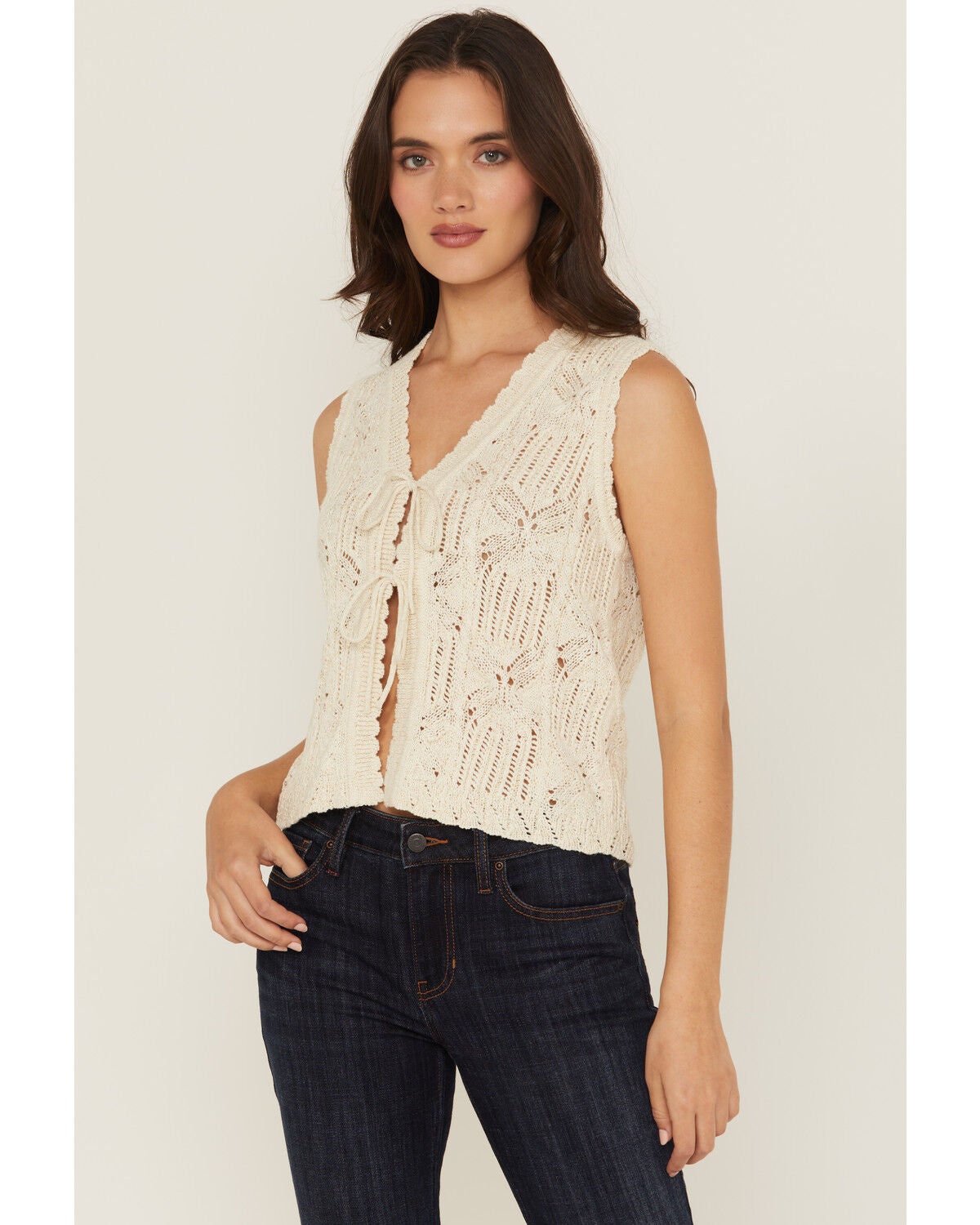 Shyanne Women's Tie-Front Crochet Sweater Vest, Ivory, hi-res