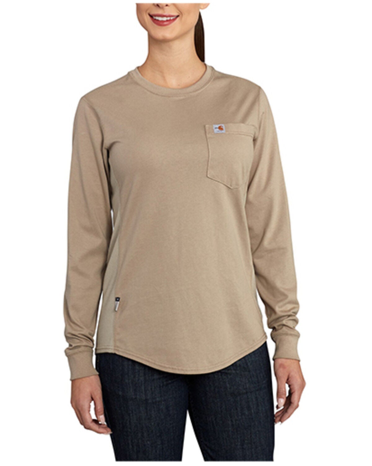 Carhartt Women's Force Crewneck Long Sleeve Shirt, Beige/khaki, hi-res