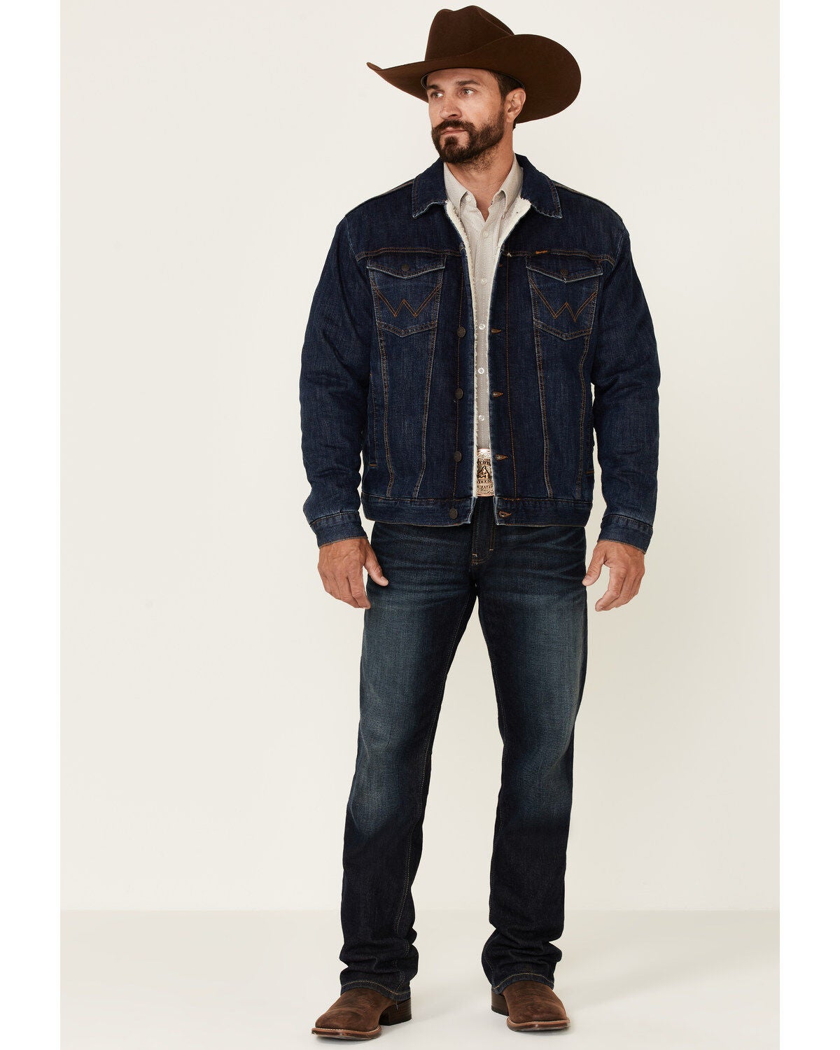 Image #2 - Wrangler Retro Men's Frontier Medium Wash Sherpa Lined Button Down Denim Jacket , , hi-res