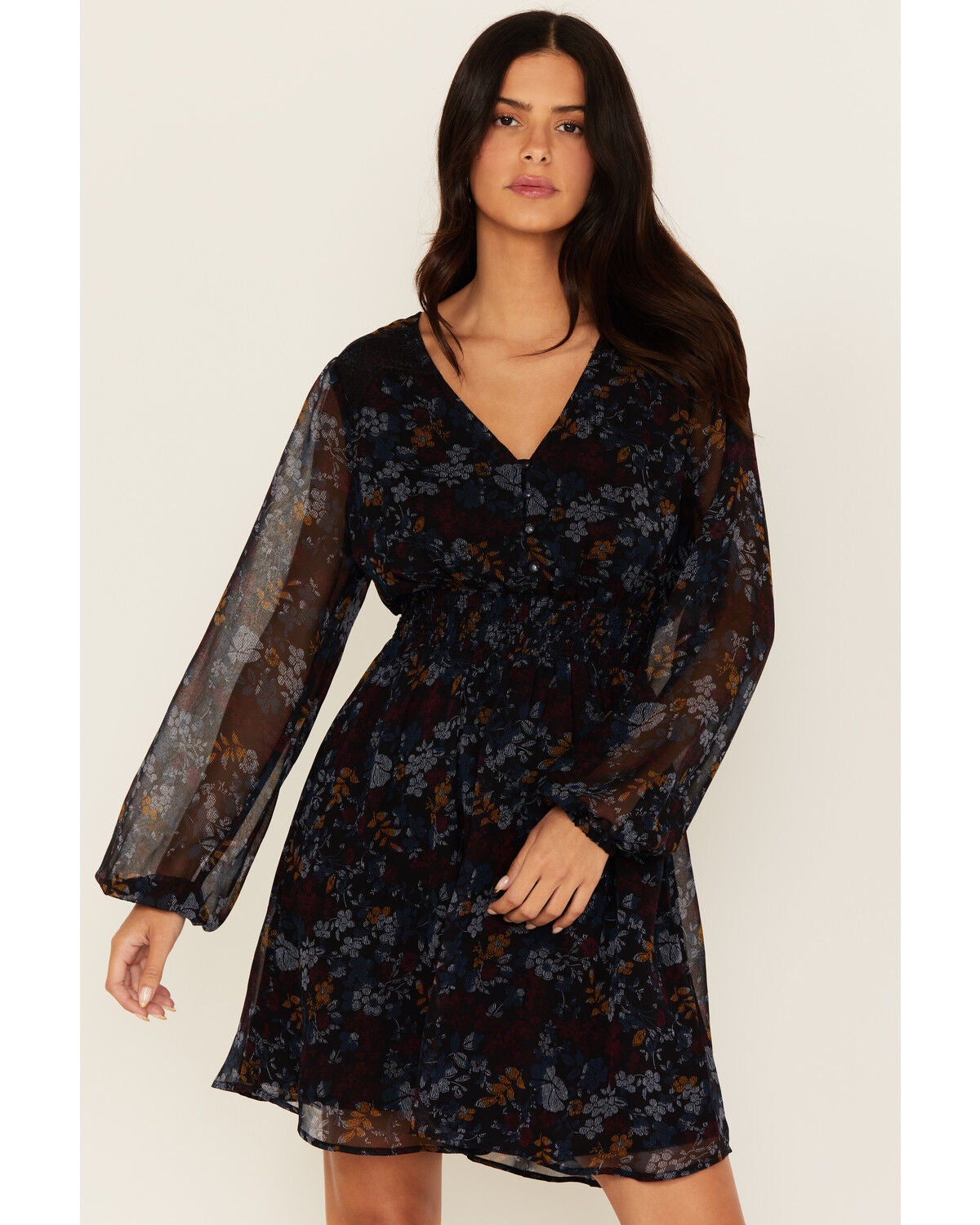 Shyanne Women's Floral Print Long Sleeve Mini Dress, Black, hi-res