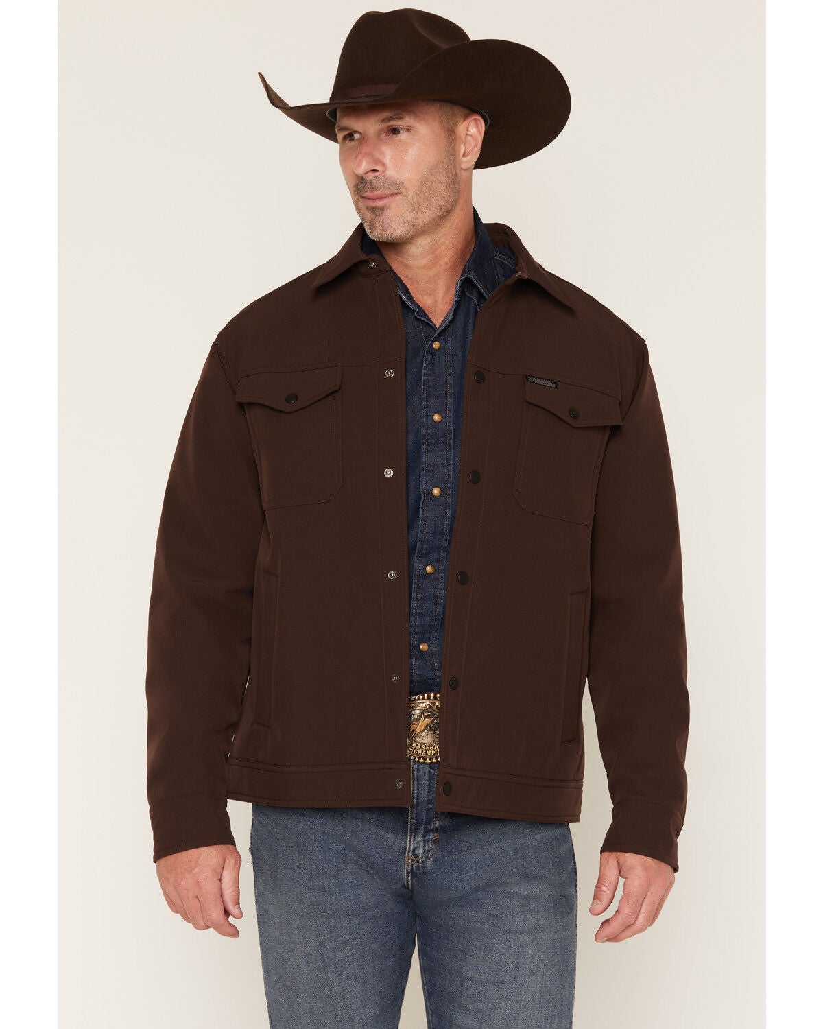 Rock & Roll Denim Men's Solid Softshell Trucker Jacket, Brown, hi-res