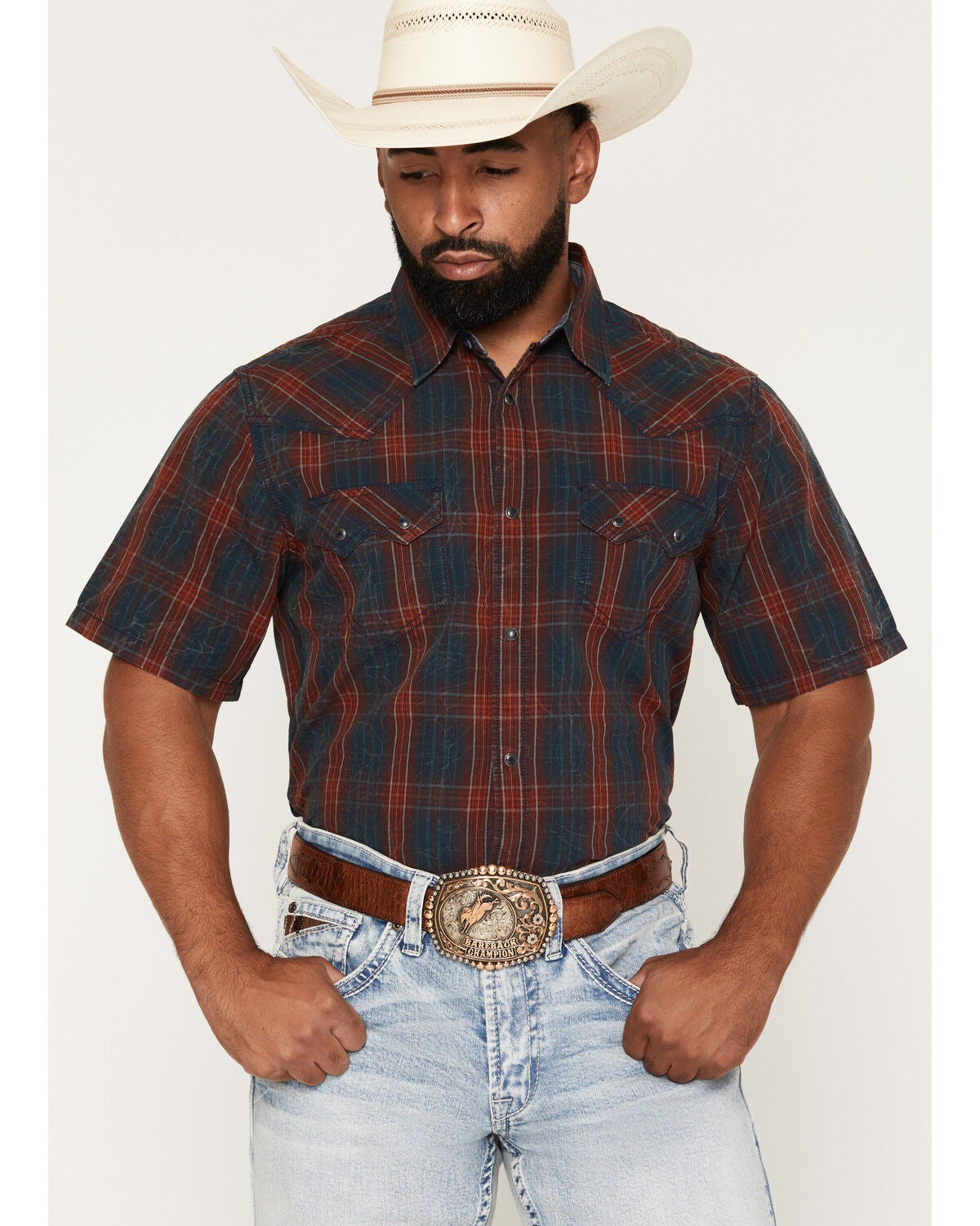 Cody James Men's Pool Shark Plaid Print Crackle Short Sleeve Snap Western Shirt, Navy, hi-res