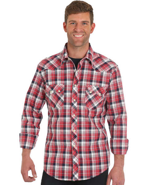 Image #1 - Wrangler Retro Men's Red Long Sleeve Plaid Shirt , , hi-res