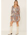 Image #1 - Lovestitch Women's Natural Periwinkle Patchwork Print Bell Sleeve Mini Dress, Periwinkle, hi-res