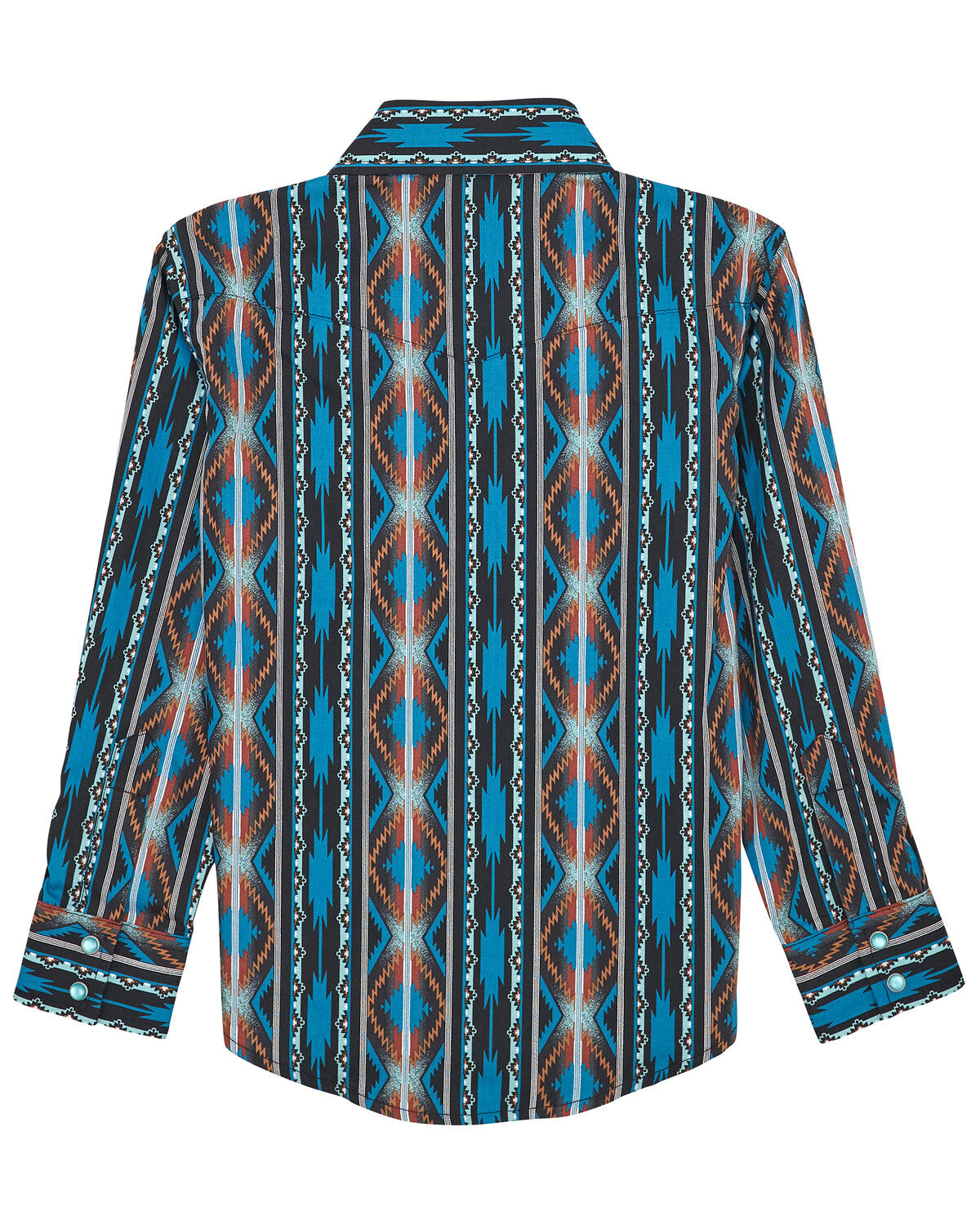 Image #2 - Wrangler Boys' Checotah Southwestern Striped Print Long Sleeve Snap Western Shirt, Teal, hi-res
