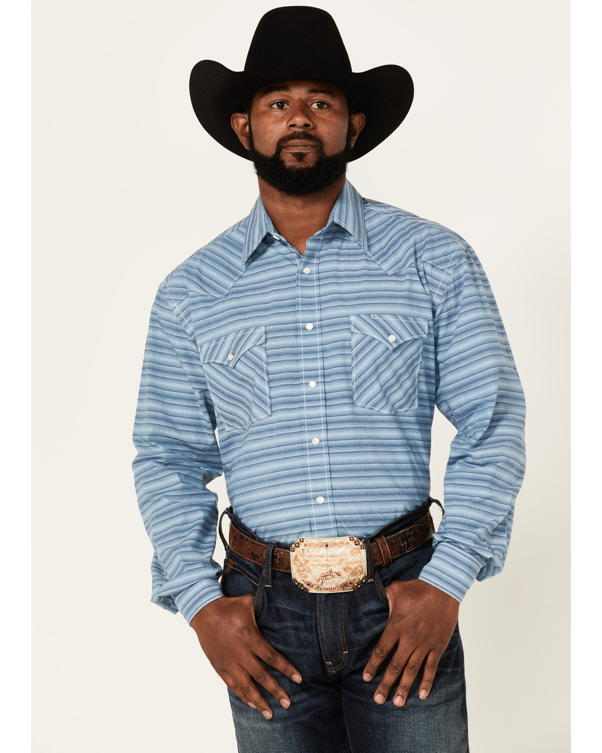 Image #1 - Rough Stock By Panhandle Men's Horizontal Dobby Stripe Long Sleeve Pearl Snap Western Shirt, Blue, hi-res