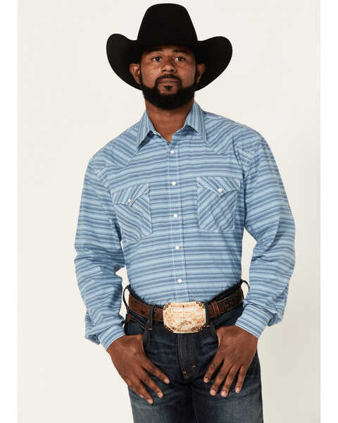 Rough Stock By Panhandle Men's Horizontal Dobby Stripe Long Sleeve Snap Western Shirt , Blue, hi-res